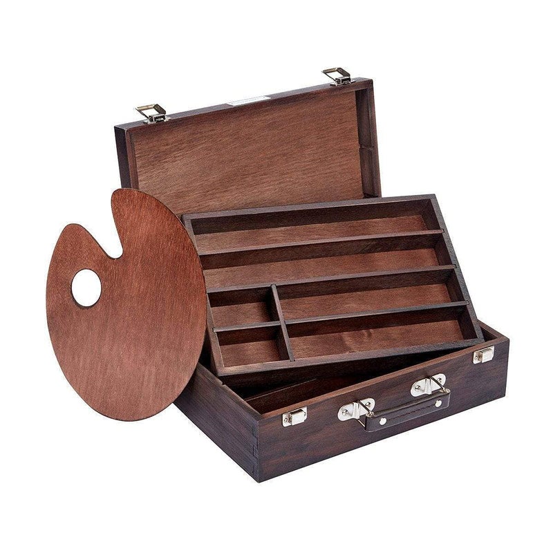 KINGART Wood Art Storage Box With Espresso Stain, 2-Tier Wood Case with 10 Dividers, Holds Markers, Paint, Brushes, Pencils, And More - Image 1